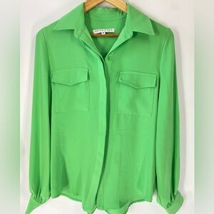 Trina Turk Blouse Womens S Bright Green Button Front Pocket Top Resort